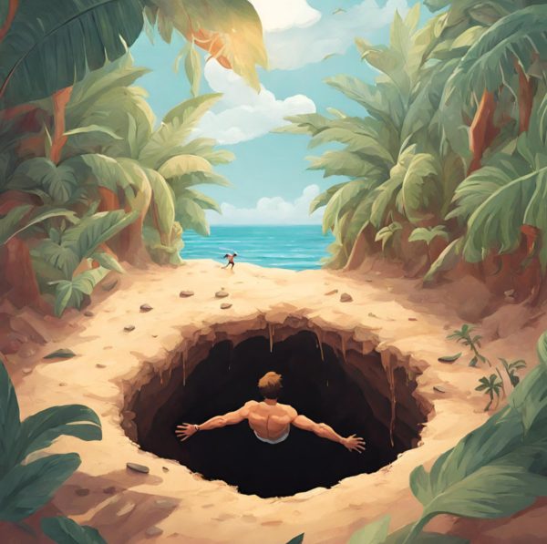 A man crawling out of a hole and into Paradise.