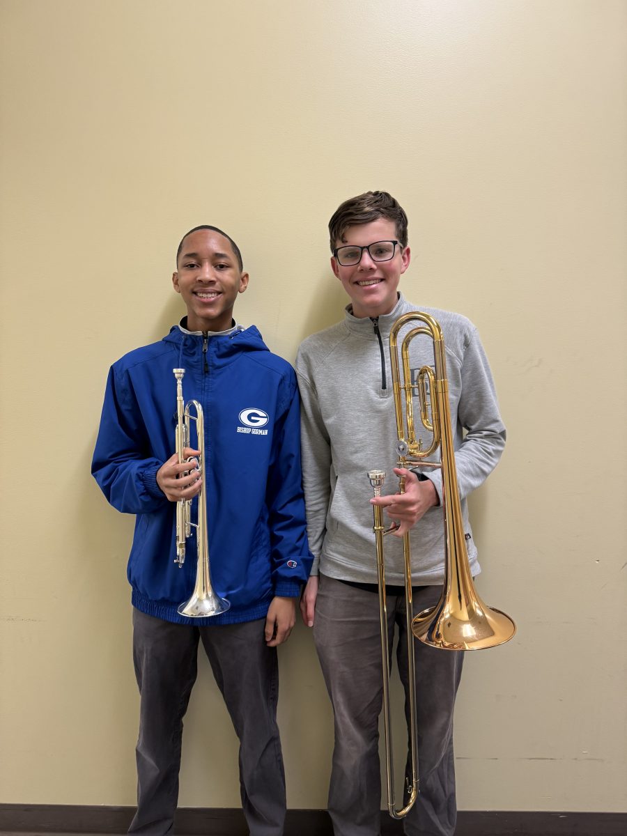 (From left to right) Daniel Rice and Connor Reyburn holding the instruments they will play in the All State Band.