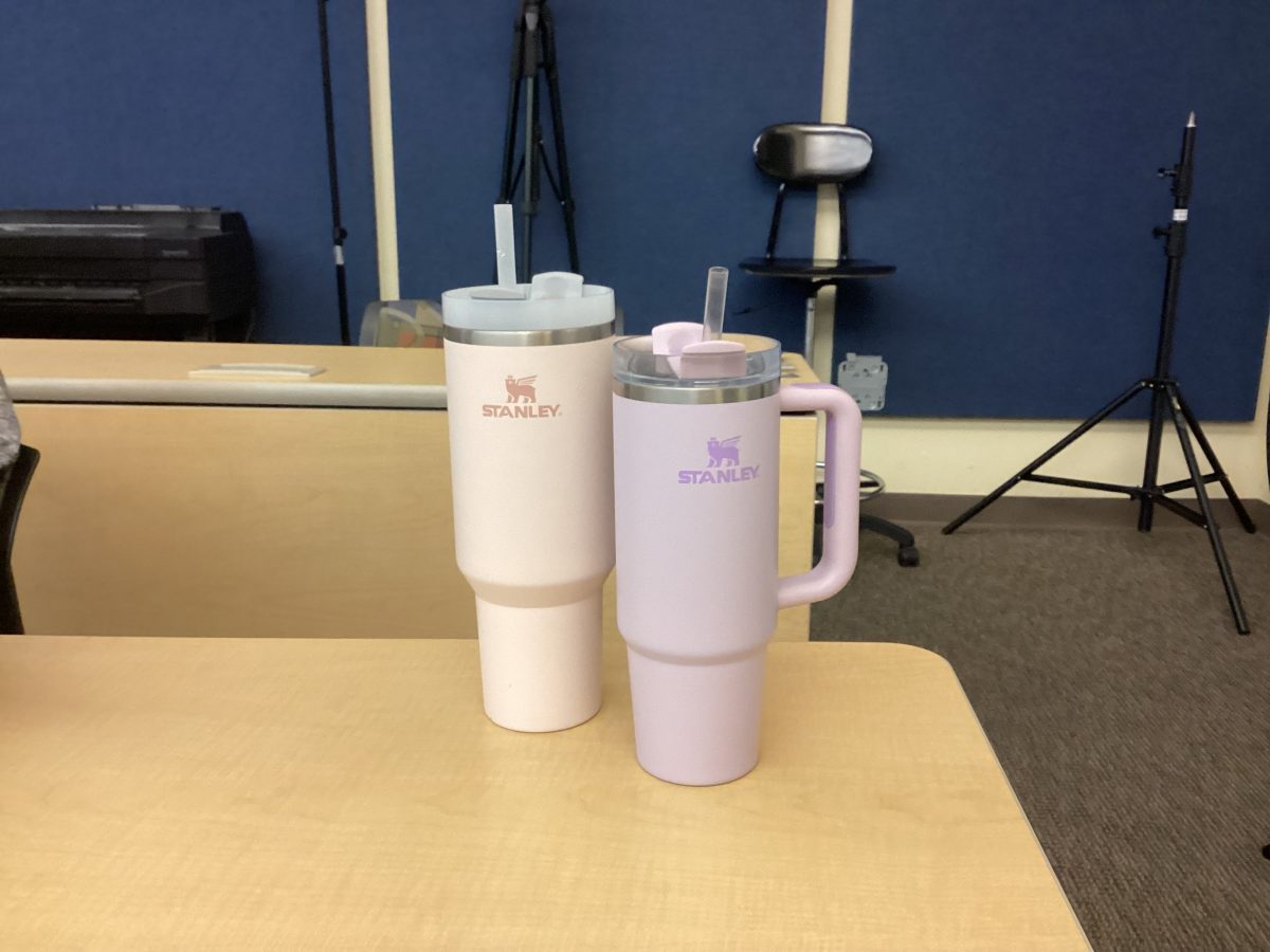 Two of students’ 40 oz Stanley tumblers.