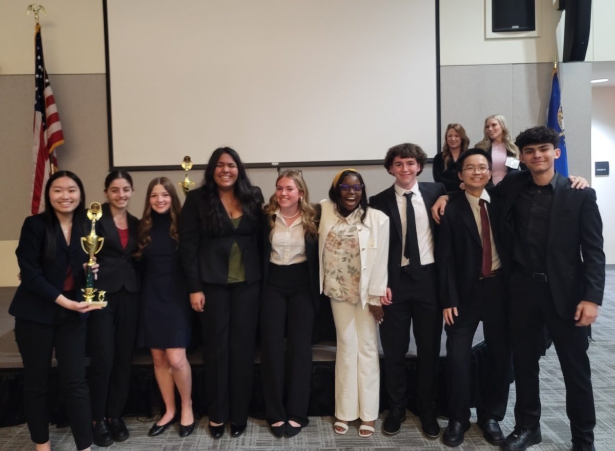 The first Bishop Gorman, freshman-sophomore, mock trial team to make it to state. The team is made up of, from left to right, Katie Tran, Isabel Nassar, Loren Brown, Simar Jolly, Hailey Pasco, Bahati Niyaruba, Noah Stephans, Kyle Sung, and Chayce Kaye. 