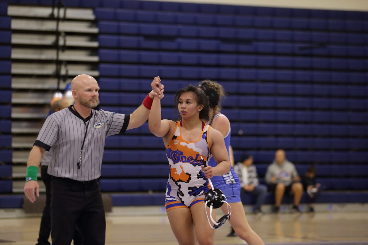 Chloe Mead 26 being named the victor following her wrestling match against a Foothill girls wrestler on January 31, 2024 at Bishop Gorman High School. 