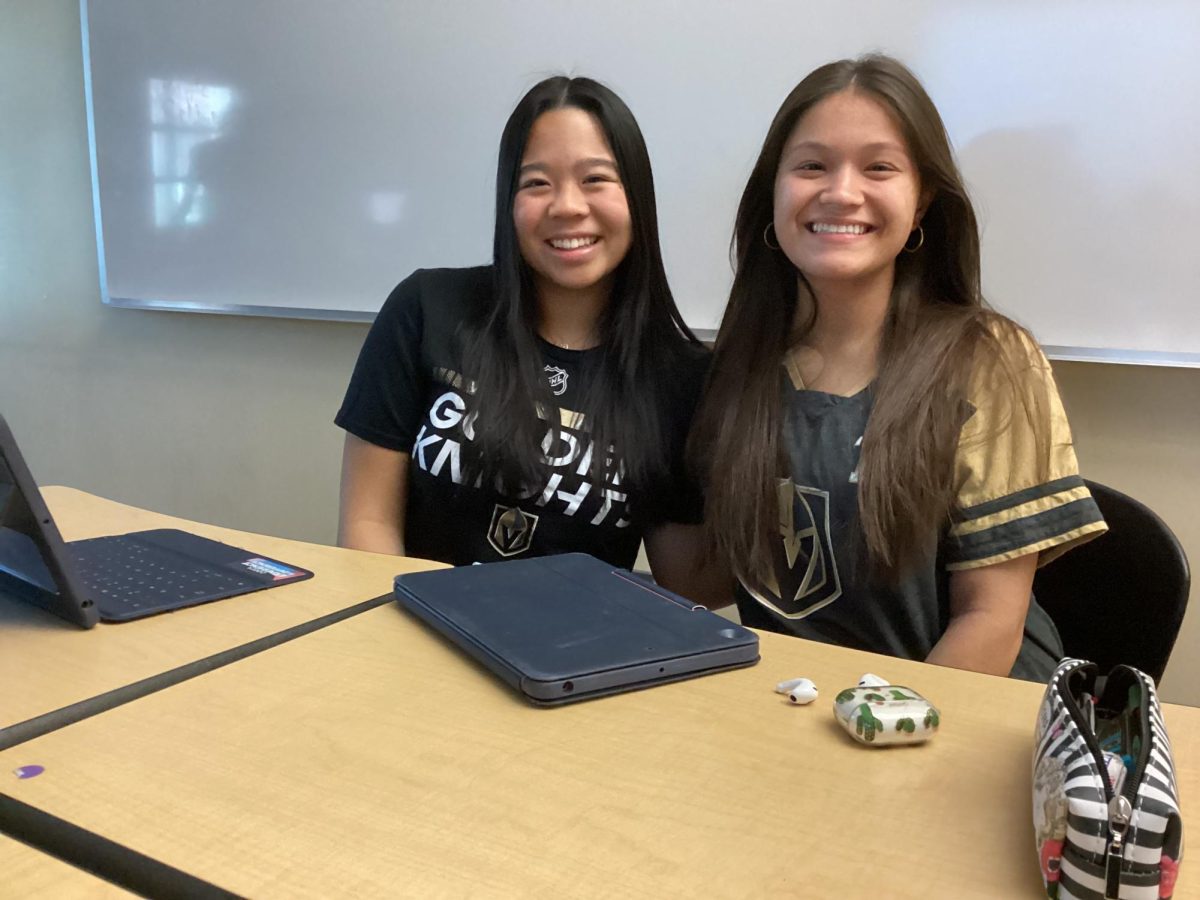 Caitlyn Luong ‘26 and Stephanie Nasiak ‘26 in sixth period on Monday. They are repping the Vegas Golden Knights during the Stanley Cup Playoffs to fit the day’s theme. 