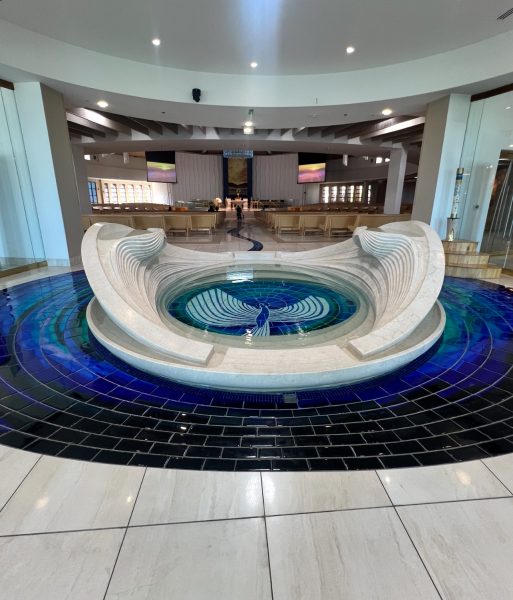 The inside of Holy Spirit, right behind the baptismal font, leading to the "river."