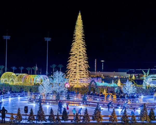 An overview of the ice skating trail that snakes through Enchant complete with a maze, a 100-foot tree, and millions of lights in the background.