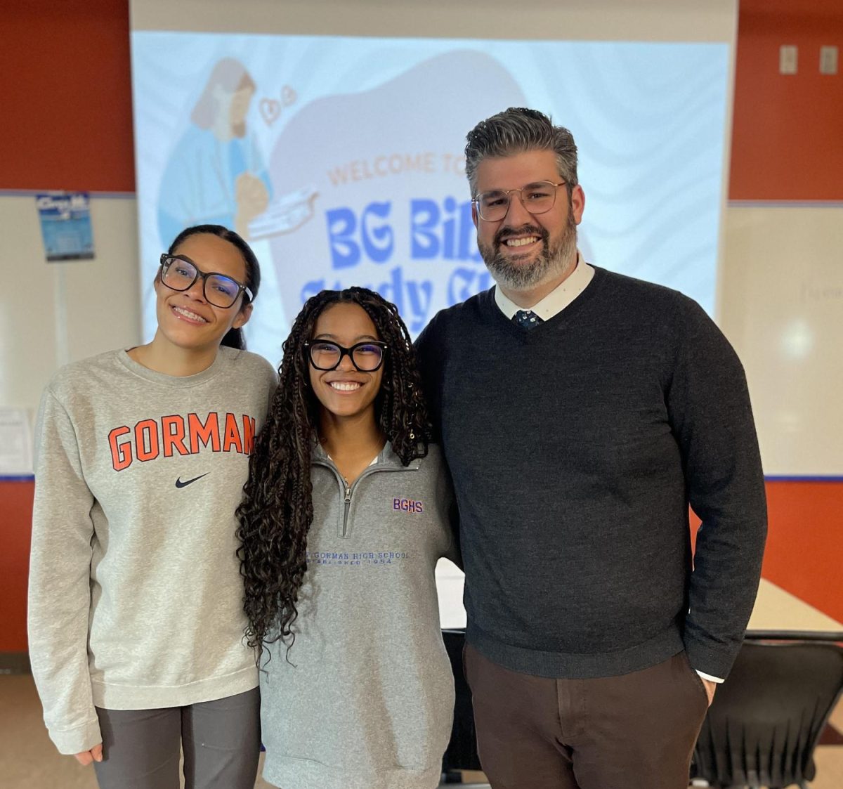 President Micaela Sells '26, Vice President Sydney McIntosh '26, and Moderator Mr. Manfredi at the first Bible Study Club meeting. 