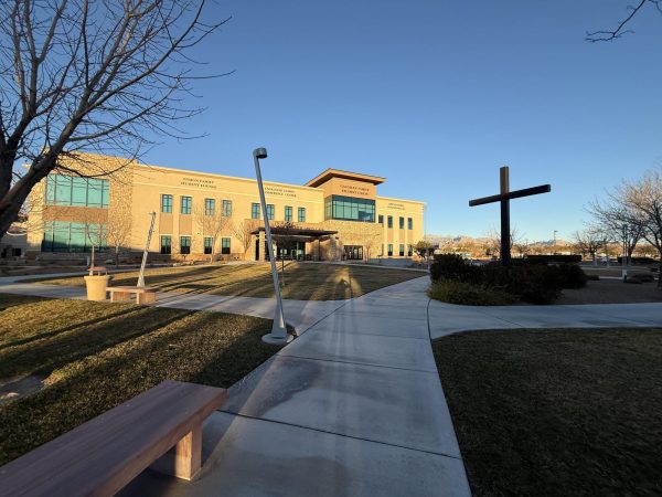 The sun glowing on the new student union. 