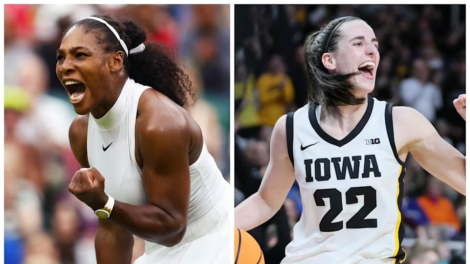 Serena Williams (left)  and Caitlin Clark (right)  celebrating victory. 