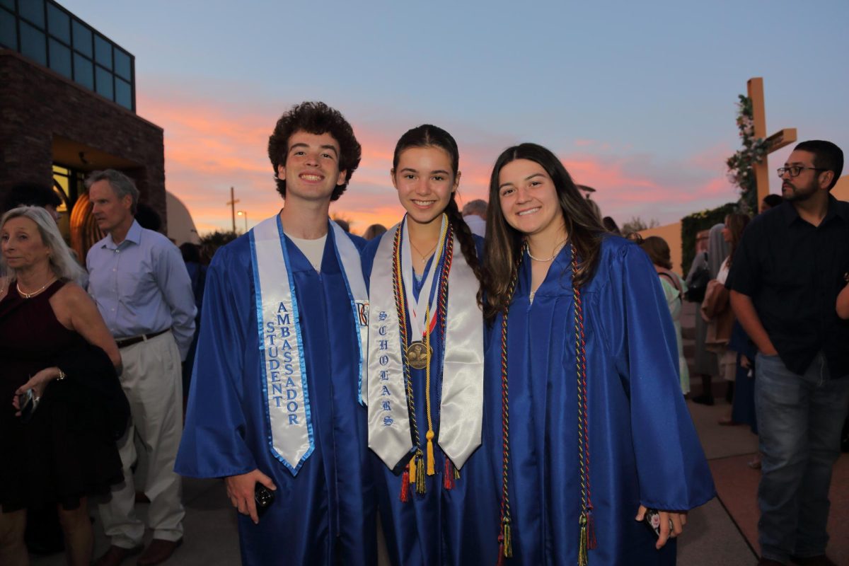 Jeffrey Principe '25, Brianna Sorillo '25, and Valentina Moore '25 after the Baccalaureate Mass. 