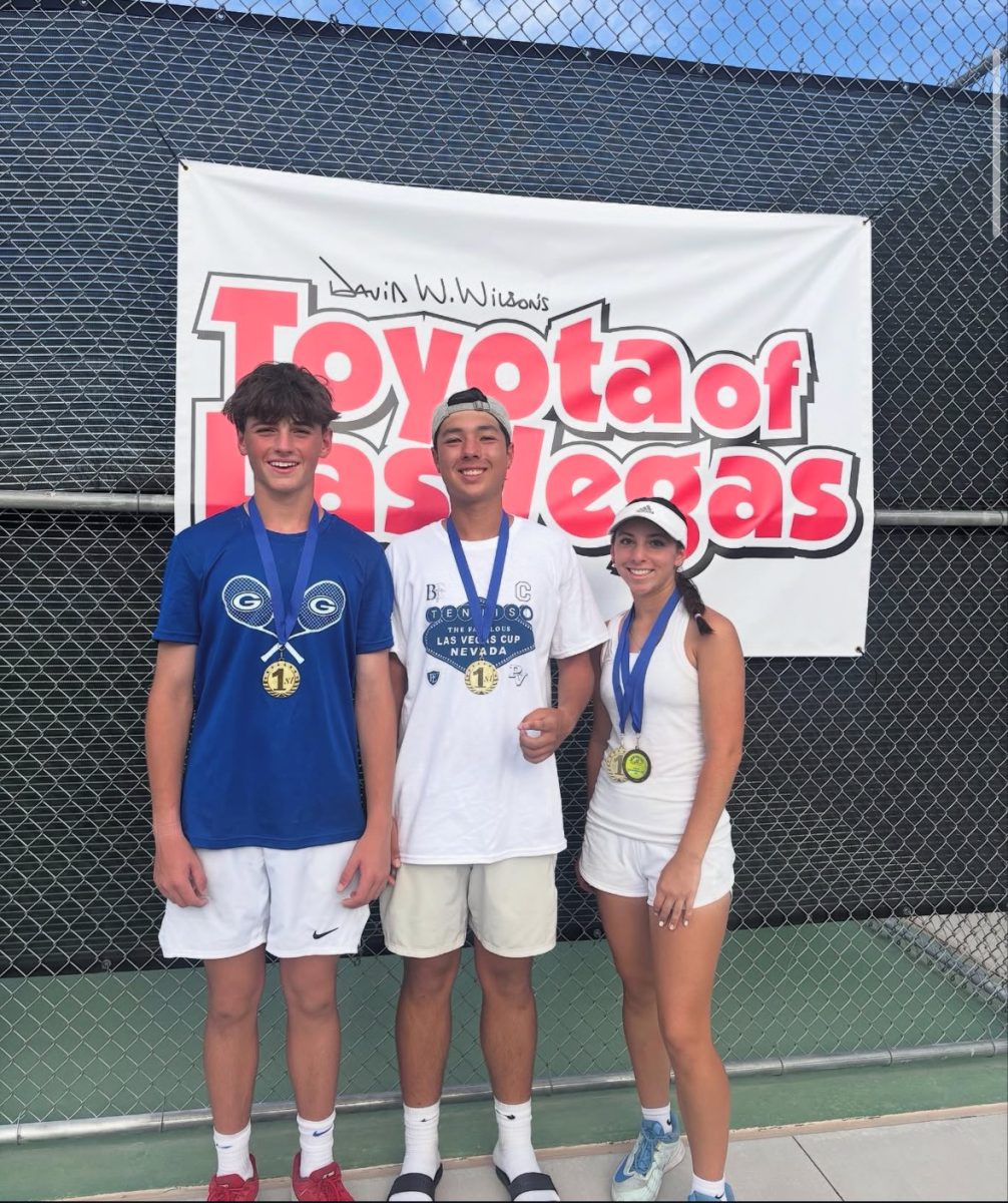 Lucas Rago ‘29, Shawn deMilliano ‘27, and Camila Perez ‘27 celebrating their medals.