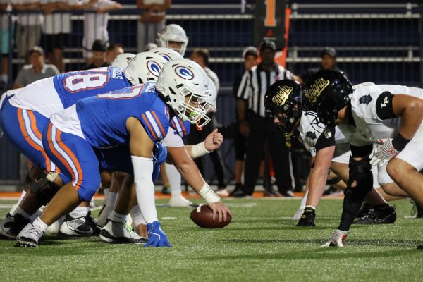 Bishop Gorman offensive line preparing for a snap.