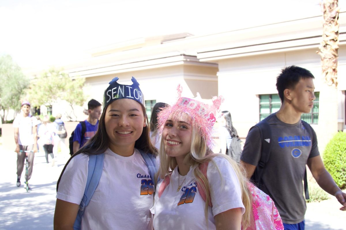 Paige Nagamine '26 and Parker Kolesar showing their senior pride with their senior crowns and senior shirts 