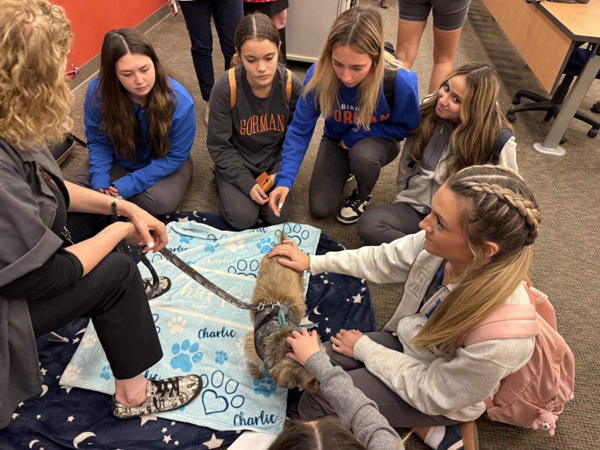 Members of Teen Empowerment with a dog from Pet Partners.