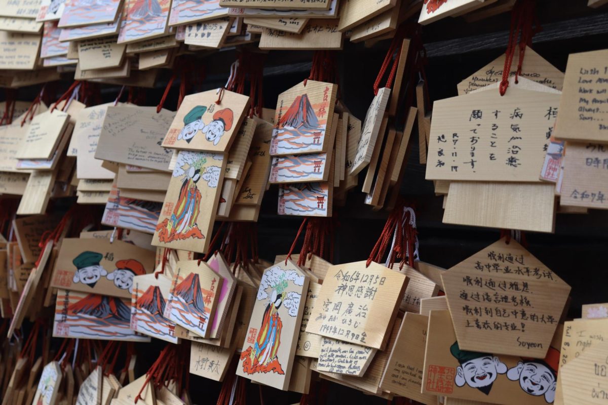 Wooden plaques of gratitude and wishes of deities. These plaques are hung together in on a sacred wall. 
