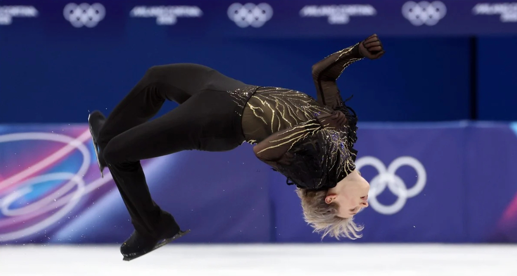Ilia Malinin performing in his memorable Olympic free skate.