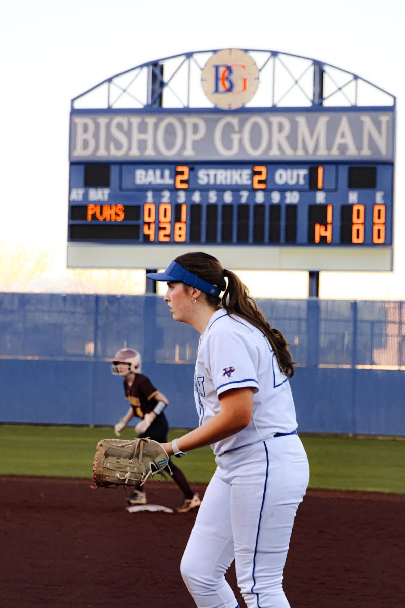First baseman Lillian Carson '28 preparing for a play or possibly a drop third strike 