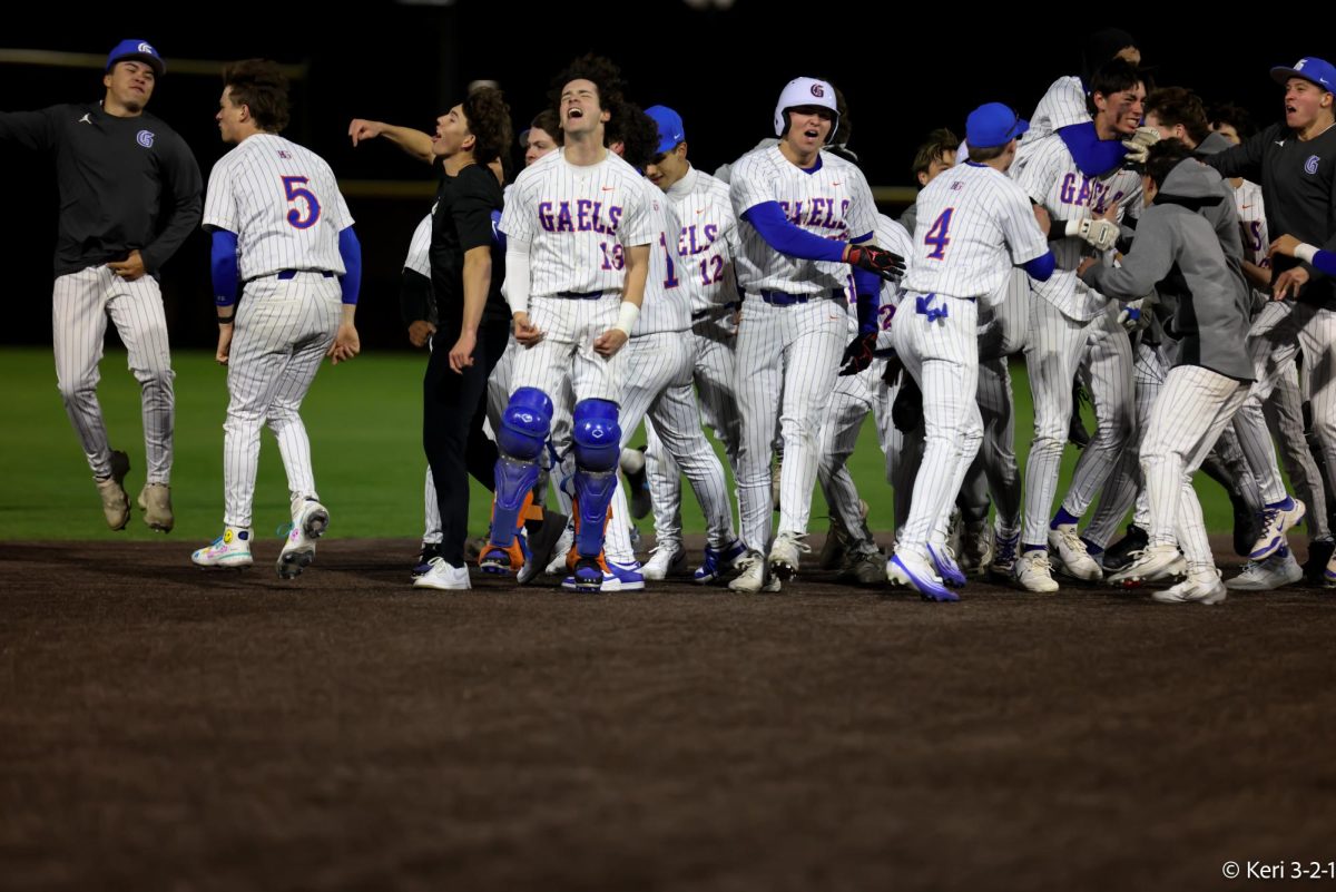 Varsity men's baseball celebrate in game against Basic High School.